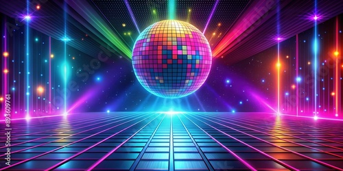 Futuristic neon landscape with geometric shapes, bright mesh and disco ball. Ideal for retro, cyberpunk and sci-fi. Abstract geometric background retro disco dance floor night club