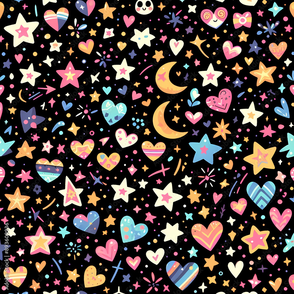 Seamless pattern of tiny stars and hearts in striking colors with black background