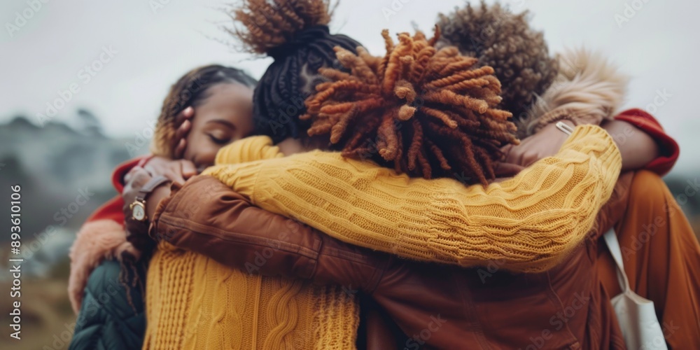 Group of friends or family embracing in a green meadow, perfect for conveying love and togetherness Group of friends or family embracing in a green meadow, perfect for conveying love and togetherness