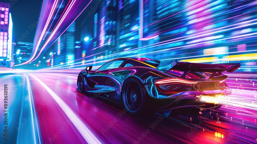 High-speed futuristic car in a neon mega city, captured from the rear view with glowing light trails and a vibrant night-time setting High-speed futuristic car in a neon mega city, captured from the rear view with glowing light trails and a vibrant night-time setting