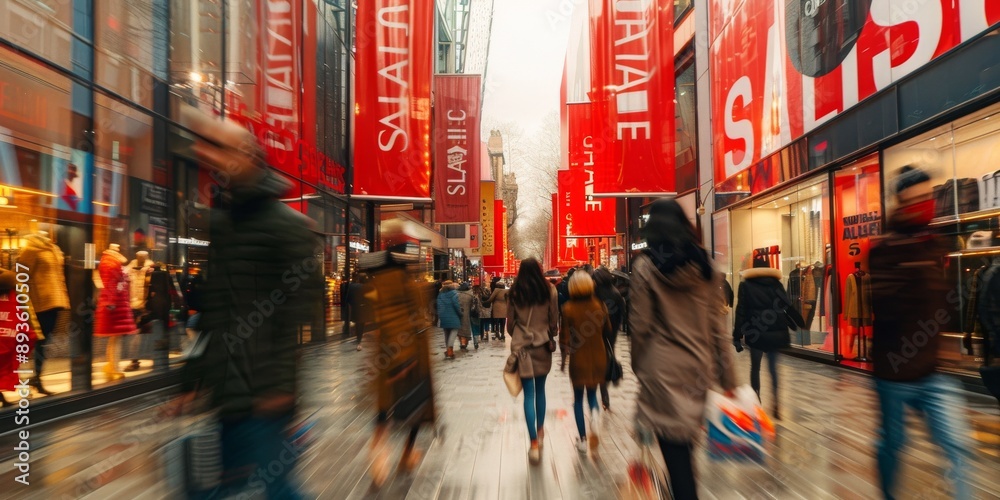 Fototapeta premium During seasonal sales, the city street is bustling with shoppers. Red sale banners enhance the vibrant commercial atmosphere, reflecting consumerism and activity in the urban setting