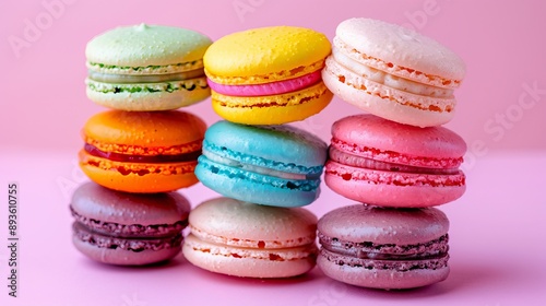 A collection of colorful macarons stacked on pink background