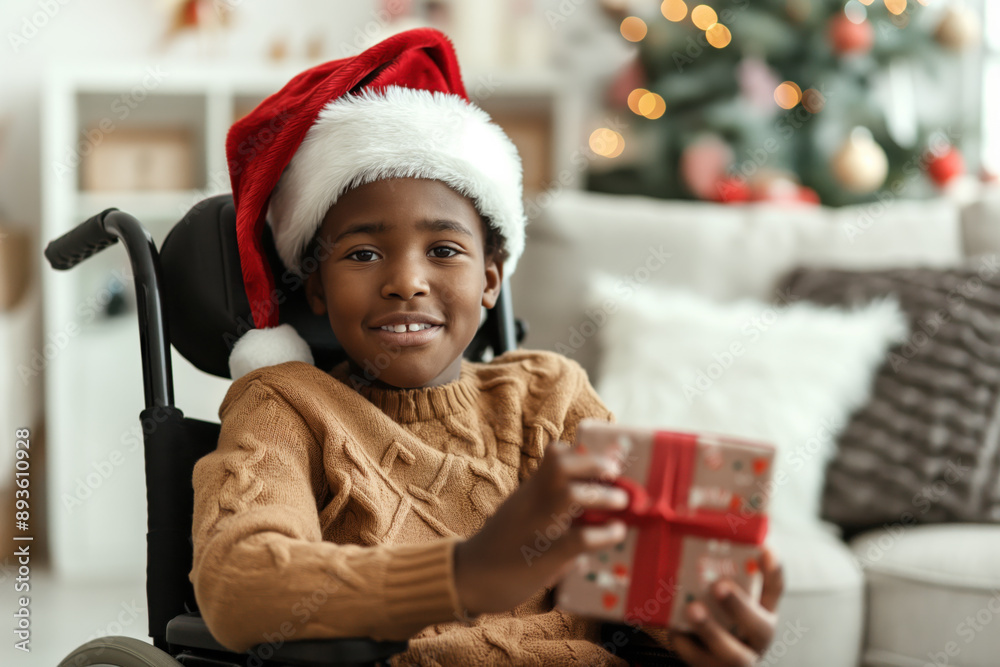 African American Boy in Wheelchair with Santa Hat Holding Gift in Cozy Christmas Setting. African American Boy in Wheelchair with Santa Hat Holding Gift in Cozy Christmas Setting.