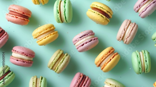 Wallpaper Mural Top view Various colorful of macarons on mint green background pattern Torontodigital.ca