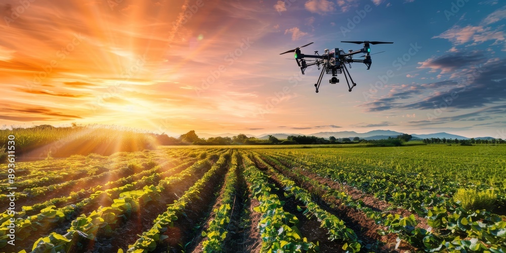 A smart agriculture field with AI-powered drones and sensors monitoring ...