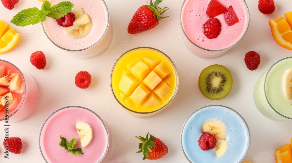 A fun and whimsical pattern of fruit smoothies in different colors, with fruit garnishes, high-resolution photo, realistic photo, hyper realistic A fun and whimsical pattern of fruit smoothies in different colors, with fruit garnishes, high-resolution photo, realistic photo, hyper realistic