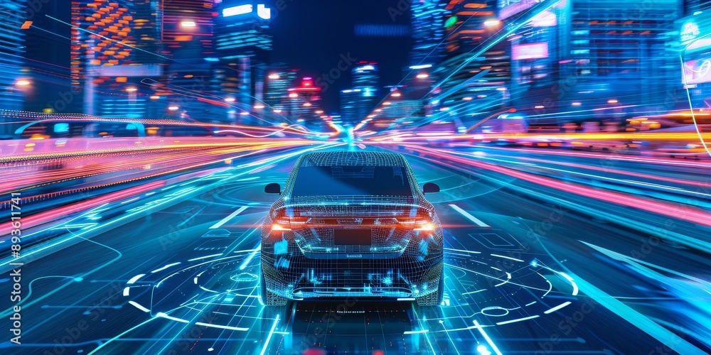 A self-driving car navigating through traffic with sensors and AI algorithms visualized around it, demonstrating advancements in AI-powered transportation A self-driving car navigating through traffic with sensors and AI algorithms visualized around it, demonstrating advancements in AI-powered transportation