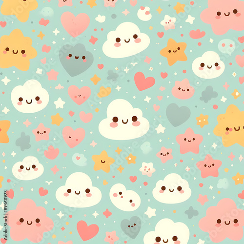 Cute seamless pattern of tiny stars and hearts in pastel colors