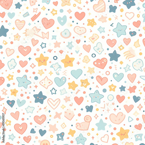 Cute seamless pattern of tiny stars and hearts in pastel colors