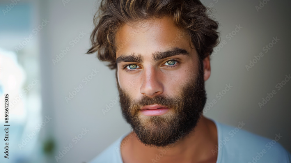 Fototapeta premium Close-up portrait of a young man with a natural beard and curly hair