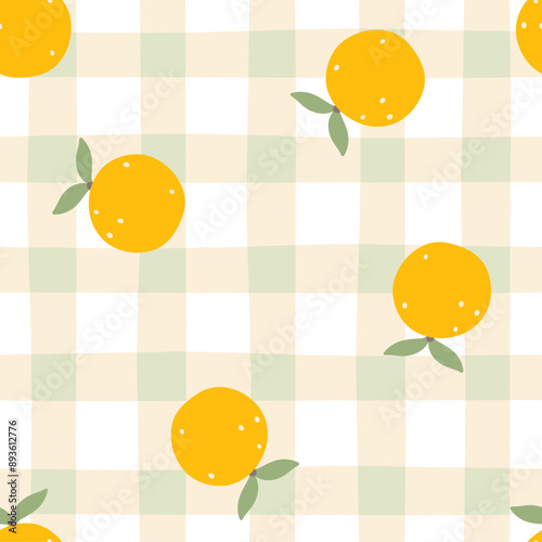Gingham seamless vector pattern with kawaii citrus orange. Tartan check for tablecloths, napkins, clothes, packaging. Cozy cute childish background in a pastel palette.