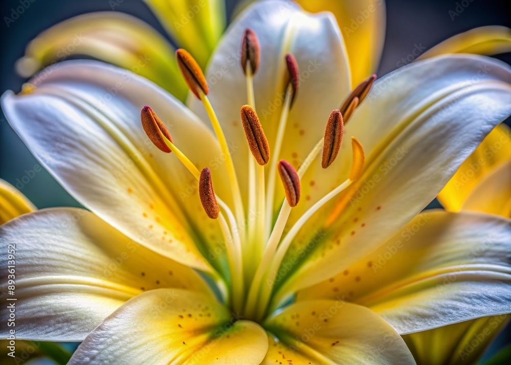 Vibrant yellow stamens of a lily flower burst forth from delicate white petals, showcasing intricate textures and elegant curves in a stunning macro perspective. Vibrant yellow stamens of a lily flower burst forth from delicate white petals, showcasing intricate textures and elegant curves in a stunning macro perspective.