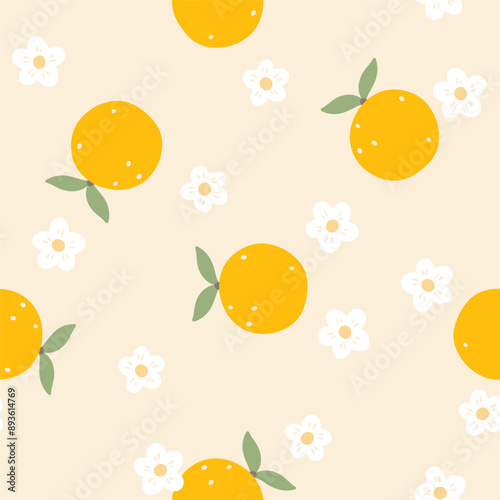 Blooming orange seamless vector pattern with citrus fruit and flowers in simple hand drawn cartoon kawaii style. Pastel palette, cute unisex background. for printing baby textiles, clothes, packaging.