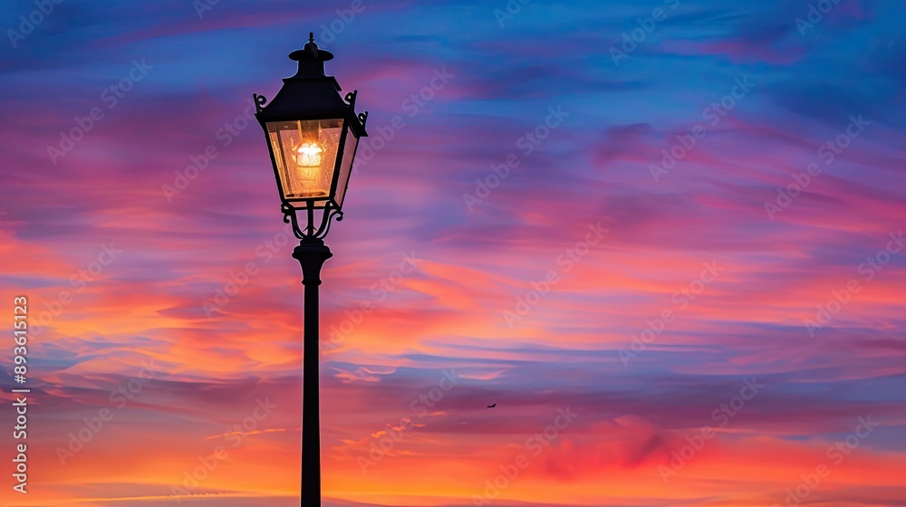 Lamp post silhouette with a colorful sunset sky, rich tones Lamp post silhouette with a colorful sunset sky, rich tones
