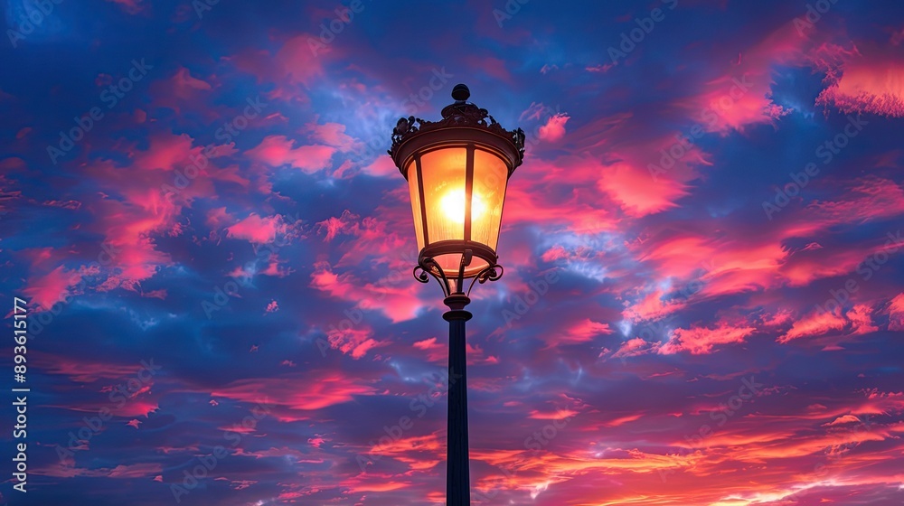 Lamp post with a sunset sky, vibrant hues in the background Lamp post with a sunset sky, vibrant hues in the background
