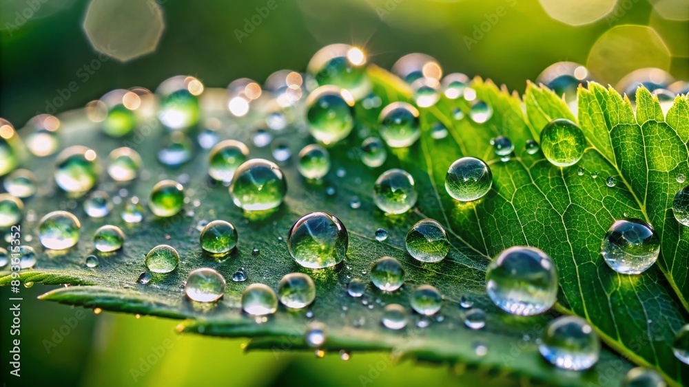 Fresh spring morning captured in a stunning macro photo of rain droplets on a leaf, featuring a soft blurred green background, exuding coolness and serenity. Fresh spring morning captured in a stunning macro photo of rain droplets on a leaf, featuring a soft blurred green background, exuding coolness and serenity.