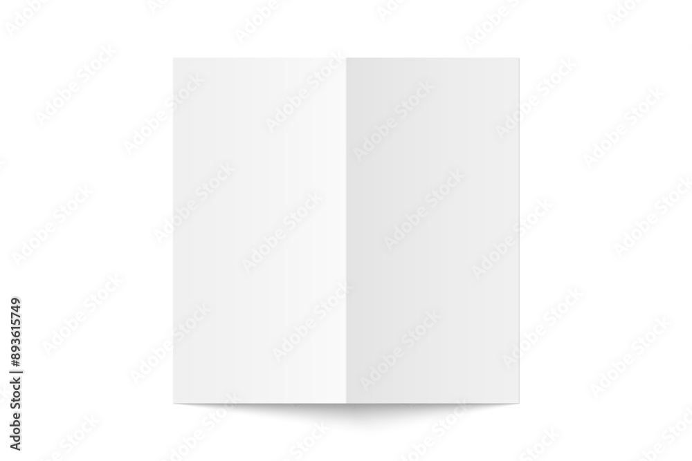 Vector white blank vertical bi fold opened on white background. Bifold, leaflet, brochure, booklet, flyer or invitation card mockup. Mock up back side isolated. 3D illustration Vector white blank vertical bi fold opened on white background. Bifold, leaflet, brochure, booklet, flyer or invitation card mockup. Mock up back side isolated. 3D illustration