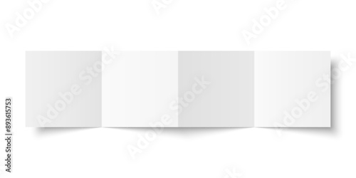 Vector white blank square four panel accordion fold opened on white background. Concertina fold, leaflet, brochure, booklet, flyer or invitation card mockup. Mock up front side isolated.