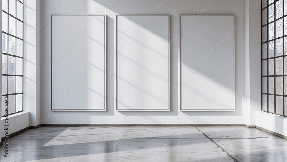 Fototapeta premium Set of three large blank white posters ideal for artists and designers to personalize. Perfect for modern, minimalist decor in studios or homes.