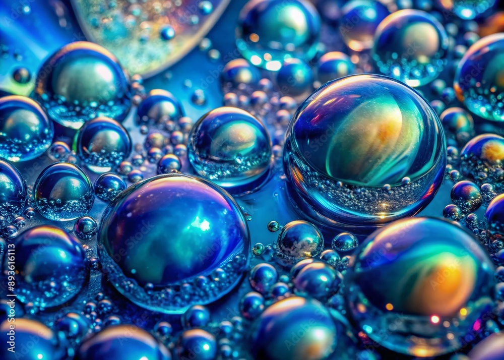 Close-up of iridescent blue liquid filled with suspended shimmering water bubbles, refracting light and creating a mesmerizing abstract pattern of colors and textures. Close-up of iridescent blue liquid filled with suspended shimmering water bubbles, refracting light and creating a mesmerizing abstract pattern of colors and textures.