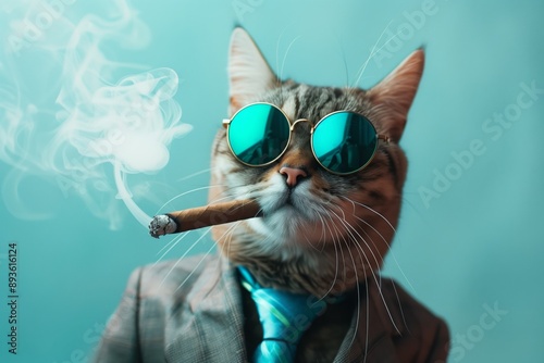 A sophisticated cat wearing a suit, blue tie, and sunglasses smokes a cigar, portraying an aura of coolness and authority with a playful yet dapper style.