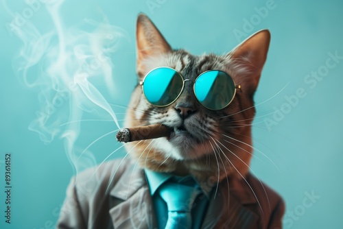 A relaxed cat dressed in a suit with blue tie and sunglasses, holding a cigar, showcasing a confident and composed demeanor with a touch of humor and style. photo