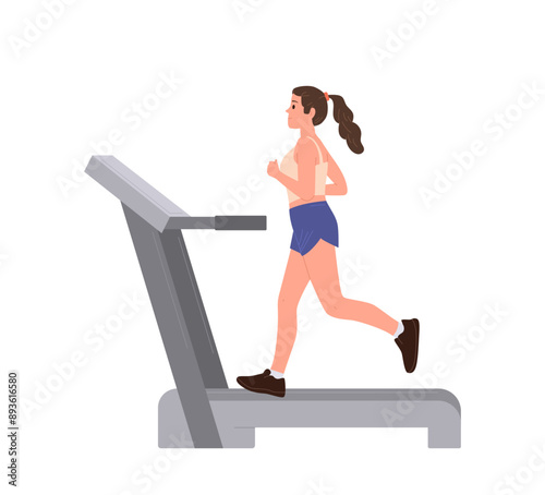 Active sportswoman cartoon character training on treadmill machine isolated vector illustration