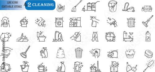 Set of 42 outline icons related to cleaning