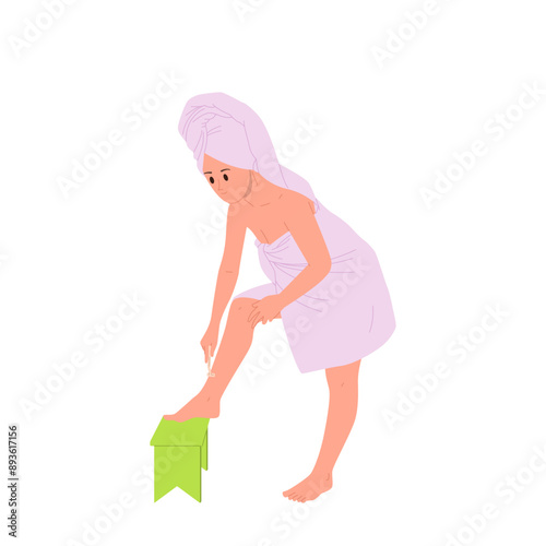 Young woman cartoon character shaving legs with razor applying skin cream isolated on white