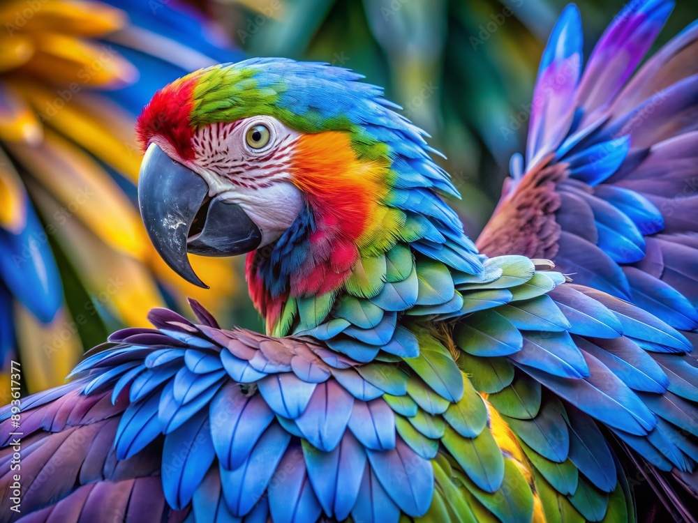 Fototapeta premium Vibrant blue and purple feathers of a macaw spread out in a stunning display of colorful plumage, with intricate patterns and textures rendered in high detail.
