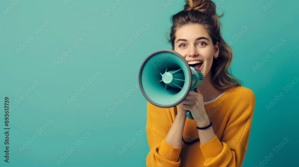 Fototapeta premium Person holding a megaphone and smiling with a solid cyan background