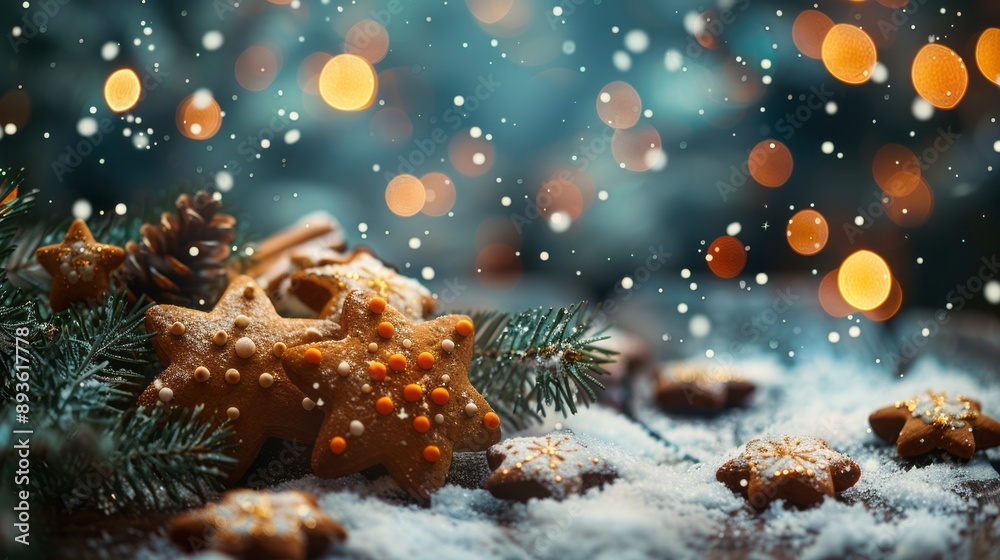 Fototapeta premium noel background concept. snow. bokeh. gingerbread's santa