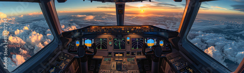 Airplane cockpit view at sunset, showcasing modern avionics and the breathtaking sky from a pilot's perspective.