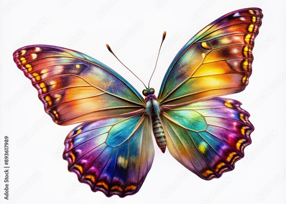 Fototapeta premium Delicate wings unfolding, a majestic butterfly soars on a transparent background, its vibrant colors and intricate patterns on full display in mid-flight elegance.