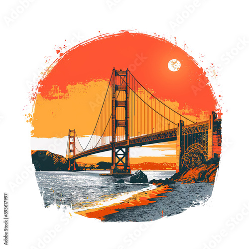Golden Gate Bridge PNG illustrations showcasing the iconic landmark at different times of day with vibrant colors and stunning artistic details.