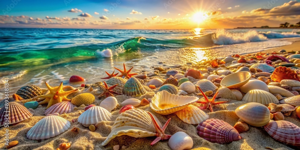 Vibrant ocean shells scattered on sandy beach shore, gently washed by turquoise waves, surrounded by seaweed and coral, under the warm sunlight filtering down. Vibrant ocean shells scattered on sandy beach shore, gently washed by turquoise waves, surrounded by seaweed and coral, under the warm sunlight filtering down.