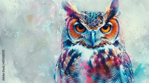 Owl portrait with abstract double exposure paint, showcasing a blend of colorful, artistic elements for a striking and unique image photo