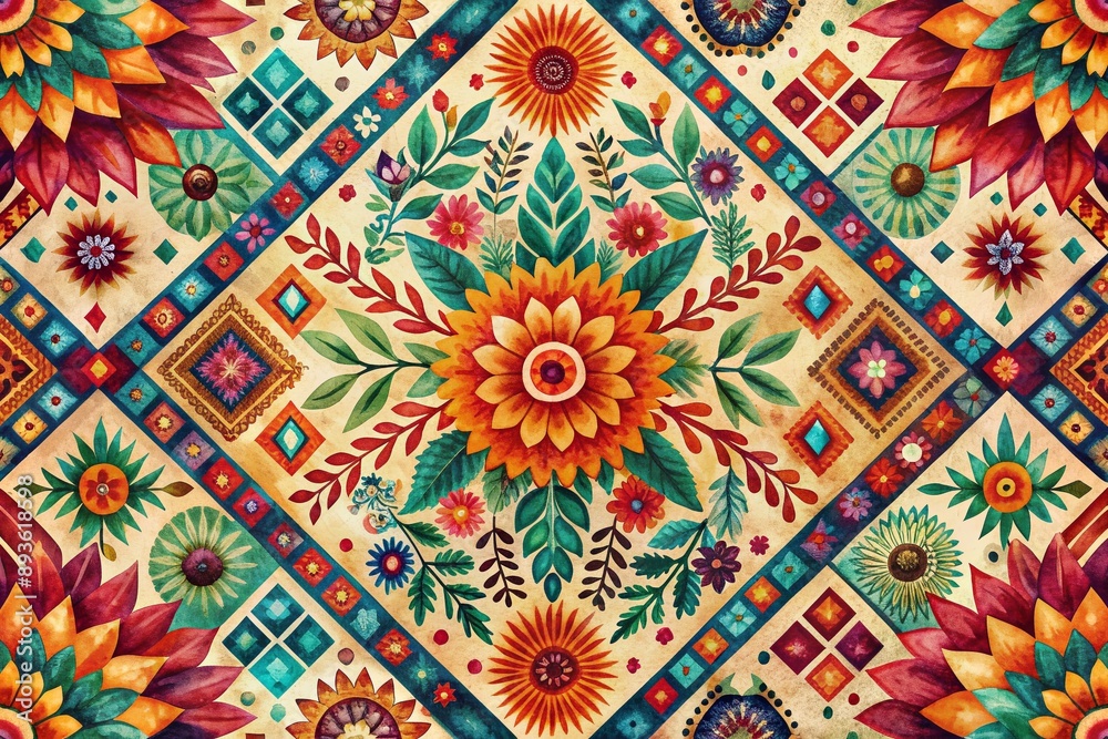 Vibrant watercolor design featuring intricate ethnic tribal patterns with bold geometric shapes, flowers, and abstract motifs in a rich, earthy color palette. Vibrant watercolor design featuring intricate ethnic tribal patterns with bold geometric shapes, flowers, and abstract motifs in a rich, earthy color palette.