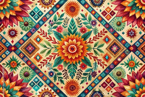 Vibrant watercolor design featuring intricate ethnic tribal patterns with bold geometric shapes, flowers, and abstract motifs in a rich, earthy color palette.