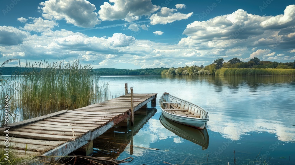 Fototapeta Picturesque lake landscape with a row boat and old wooden bridge, serene water and stunning sky, peaceful environment.