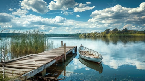 Picturesque lake landscape with a row boat and old wooden bridge, serene water and stunning sky, peaceful environment. photo