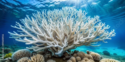 Vibrant blue ocean water surrounds a stark, bleached white coral formation, its delicate branches and intricate details eerily devoid of life and color. photo