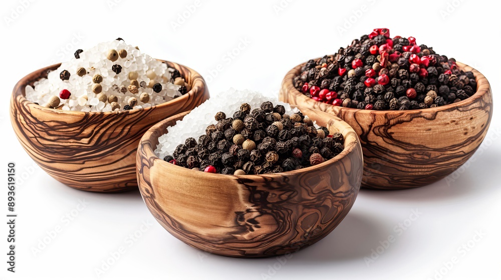 Red pepper, black pepper, and salt in wooden bowls, isolated on a white background Red pepper, black pepper, and salt in wooden bowls, isolated on a white background