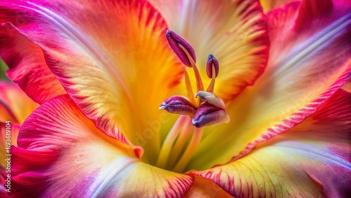 Vibrant close-up of a gladiolus flower's delicate pistil and stamen, showcasing intricate details of the colorful bloom in stunning macro photography. photo