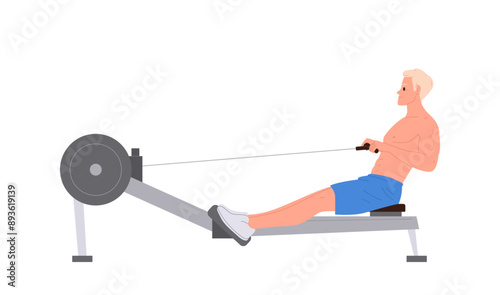 Young sportsman isolated cartoon character doing cardio fitness exercise using rowing machine