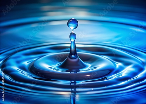 Vibrant blue backlight illuminates a solitary, perfect water droplet, suspended in mid-air, showcasing intricate ripples and subtle nuances of transparent liquid reflection. photo