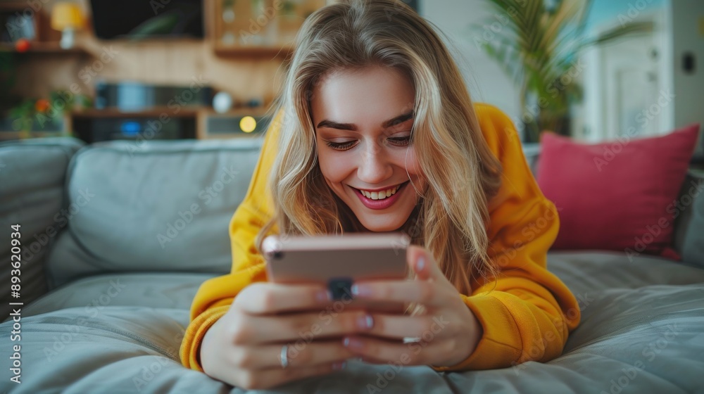 Sending happy messages. Lovely young lady lounging on the couch at home, grinning as she uses her smartphone Sending happy messages. Lovely young lady lounging on the couch at home, grinning as she uses her smartphone
