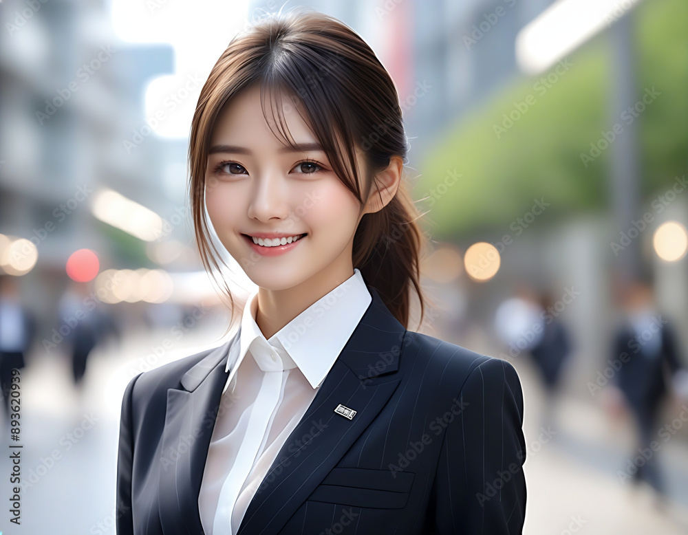 A smiling young beautiful woman in a business suit. Image of a new member of society. ビジネススーツを着た笑顔の若い美人な女性。新社会人のイメージ。 A smiling young beautiful woman in a business suit. Image of a new member of society. ビジネススーツを着た笑顔の若い美人な女性。新社会人のイメージ。