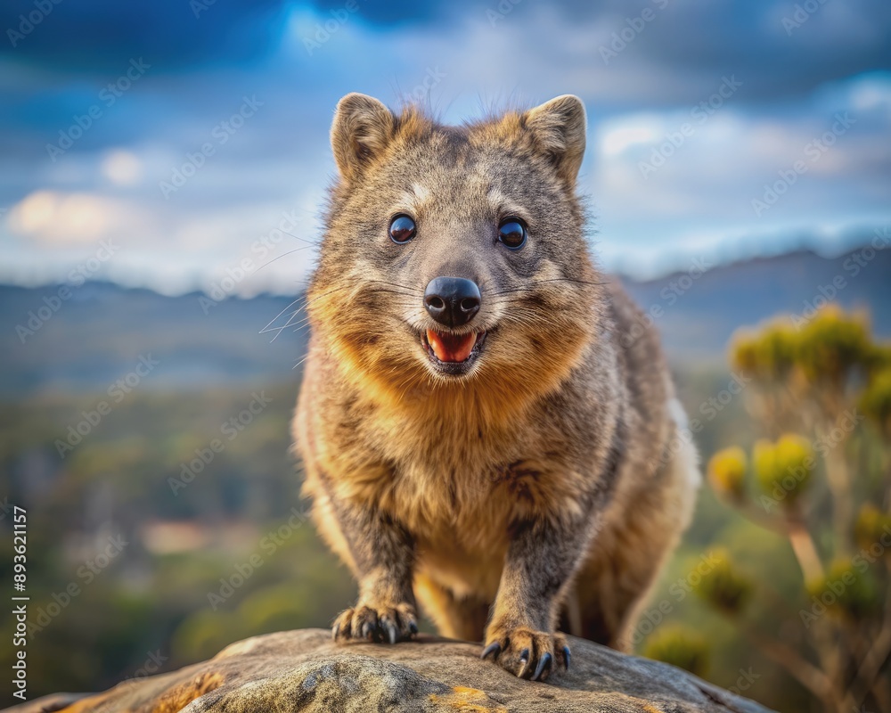 Fierce carnivorous marsupial with distinctive facial features, sharp teeth and spotted brown fur, standing on rocky outcrop, set against blurred wilderness landscape. Fierce carnivorous marsupial with distinctive facial features, sharp teeth and spotted brown fur, standing on rocky outcrop, set against blurred wilderness landscape.