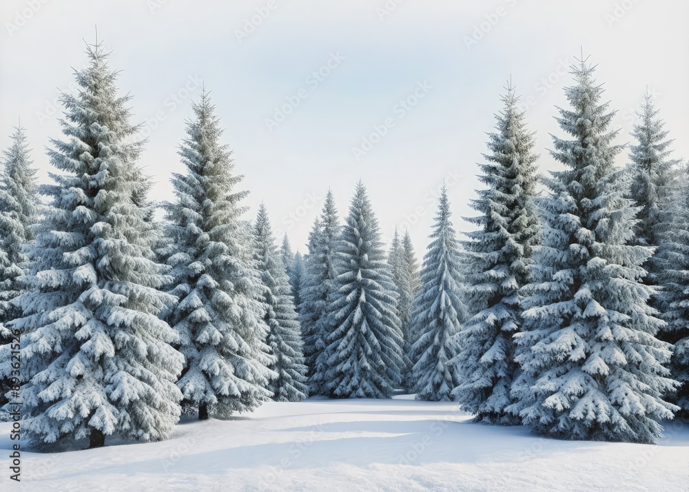 Fototapeta premium Snow-covered evergreen trees surround a frosty forest scene with a natural frame of branches, set against a clean white background with ample copy space.